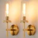 Micstar 15" Knurled Gold Hardwired Wall Sconces Set of 2, Bathroom Vanity Light Fixtures with Clear Glass Tube, Modern Lamp Lighting for Bedroom, Living Room, Hallway, Staircase, Mirror, Kitchen