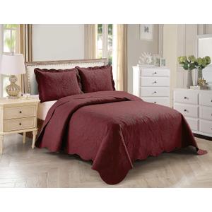 Kids Zone Home Collection, Over Size, Elegant Vintage Floral Pattern Embossed, Light Weight, Scalloped Edges, Bedspread Set, Solid, #Stacy, 3 Pieces, King/California King, Burgundy