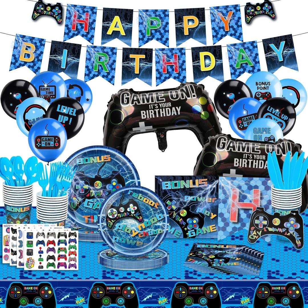 139 PCS Video Game Birthday Party Decoration - Gaming Party Supplies, Includes Happy Birthday Banner, Tablecloth, Plates, Napkins, Balloons Arch Kit for Gamer Party Favor Gift