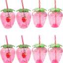DOITOOL Strawberry Cups with Lids and Straws 8 Pcs Plastic Drinkware Set for Kids Girls Party Pool Birthday Summer Events Decorative Tumblers 2 Packs