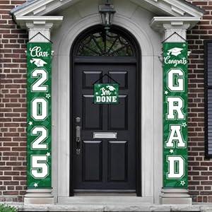 Moukeren 3 Pieces 2025 Graduation Party Decorations Graduation Porch Sign Class of 2025 Grad Hanging Porch Banner Backdrop Door Sign for Grad Party Home Door Wall Decor(Green)
