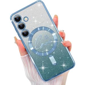 ZIYE Magnetic Case Designed for Samsung Galaxy S23 Glitter Case Luxury Plating Love Heart Compatible with MagSafe Clear Case with Camera Protector Protection Shockproof Cover for Women Girls-Blue