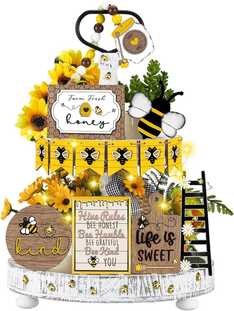 21 Pcs Bee Tiered Tray Decor Set Spring Summer Tiered Tray Decorations Farmhouse Bee Wood Table Sign Hive Honey Table Top Decor for Kitchen Party Favor Home Shelf
