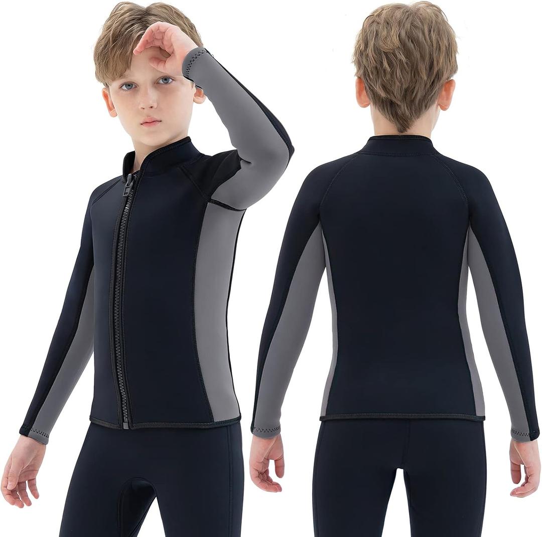 Kids Wetsuit Top Jacket for Boys Girls Toddler Youth, Children's Wet Suit Shirt Neoprene 3mm Long Sleeve Front Zipper Swimsuit for Swimming Surfing Dive Snorkeling Water Sports (6), Kids-3mm Gray, Size 6