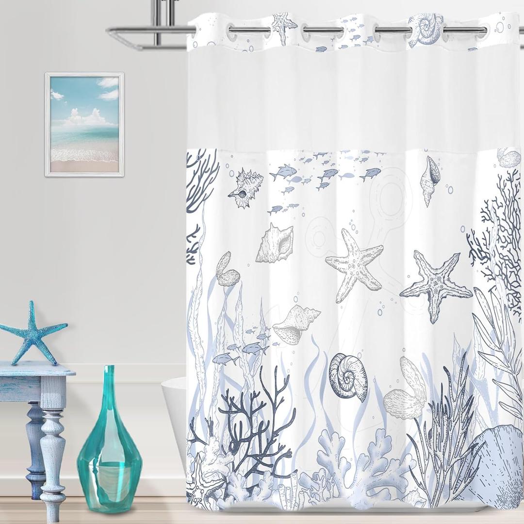 No Hook Shower Curtain with Snap in Liner, Beach Ocean Nautical Coastal Shower Curtains and Liner Set for Bathroom, Seashell Hotel Fabric Bath Curtain, Waterproof Washable, Grey 71" x 74"