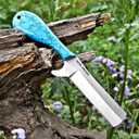 Handmade 1095 steel Bull cutter knife, cowboy knives with pancake leather sheath classic style knife, gift for men (Turquoise BLUE)