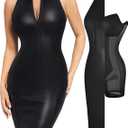 Popilush Faux Leather Dress for Women - Midi V Neck Dresses Shapewear Body con Dress Women - Date Night Outfit (Large, Black)