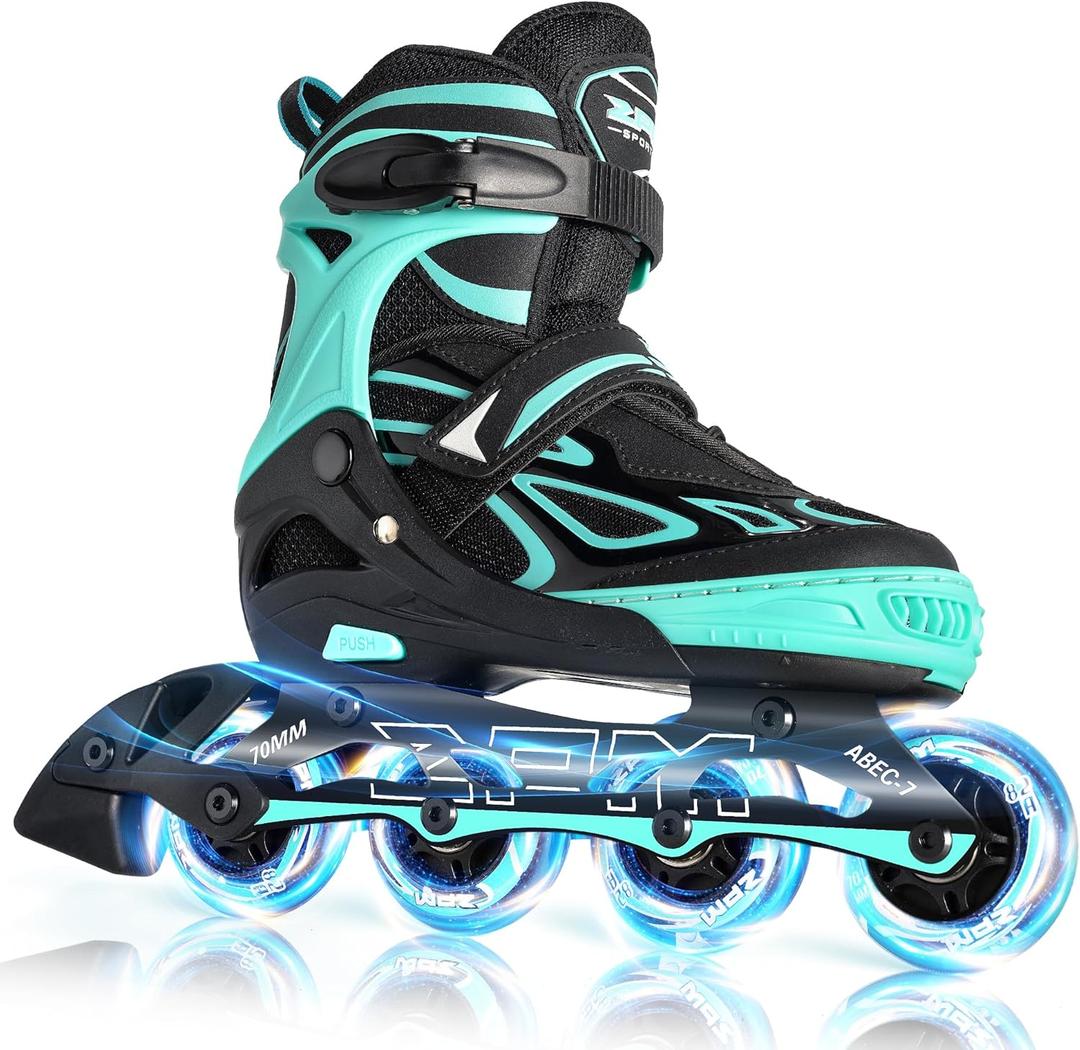 2PM SPORTS Vinal Girls Adjustable Flashing Inline Skates, All Wheels Light Up, Fun Illuminating Skates for Kids Men Adult Women and Boys, Large - Youth (4-7 US), Mint