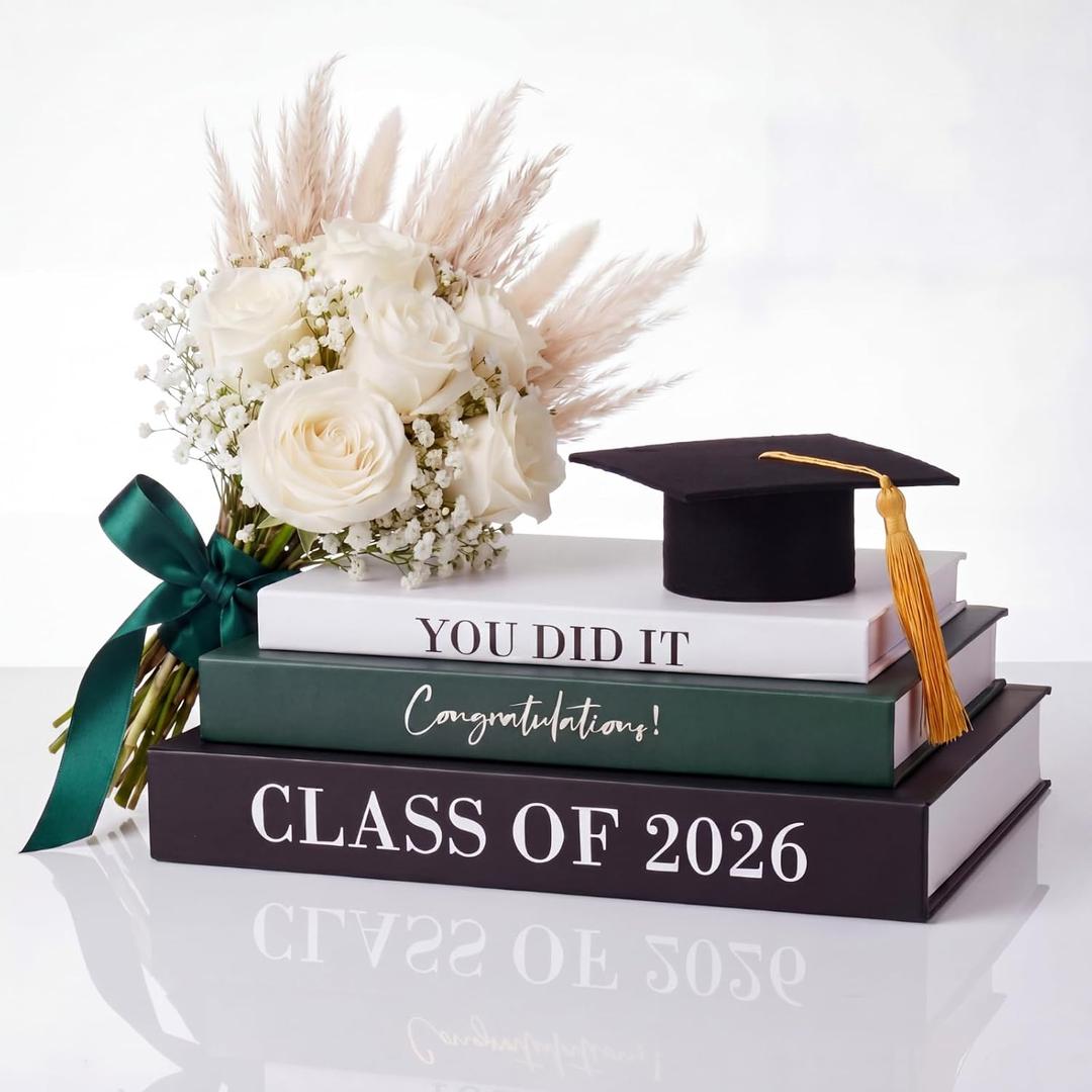 Threehoney 3 Pcs Graduation Table Centerpieces Class of 2026, Graduation Book Centerpiece Congratulate Grad Decoration Decorative Book Storage Box Table Home Party Decor(Black, White, and Green)