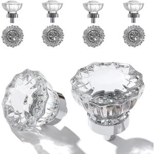 Glass Cabinet Knobs 8 Pack Crystal Vintage Knob for Kitchen Closet Dresser Drawers Cupboard Wardrobe, Clear Cabinets Hardwares Unique Decor Accessories with Screws Washers, Polished Chrome Base