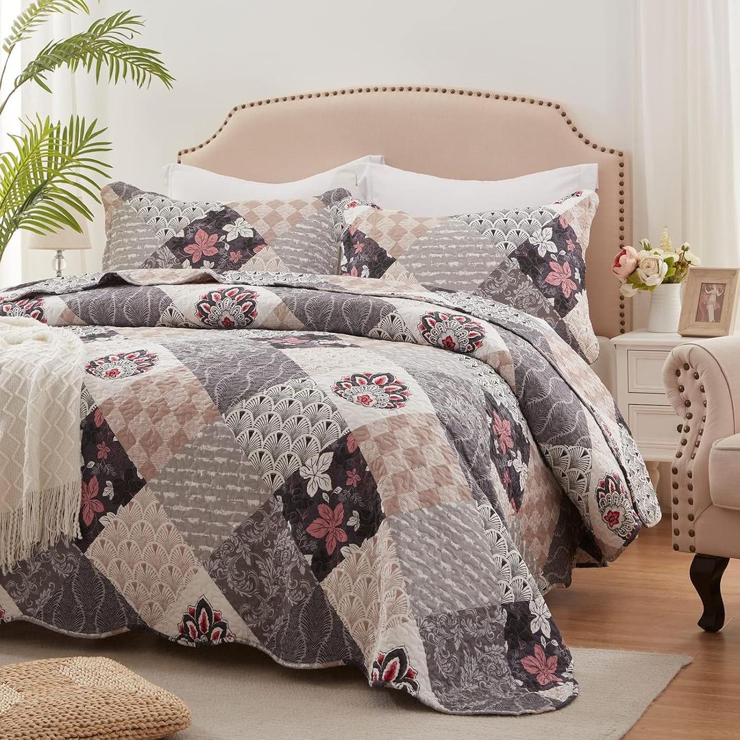 Full/Queen Size Quilt Set 3 Pieces Lightweight Reversible Bedspread-90''x98'' Soft Patchwork Floral Coverlet Luxurious Warm Microfiber Bed Cover All Seasons Gray Bedding Set(1 Quilt,2 Pillow Shams)