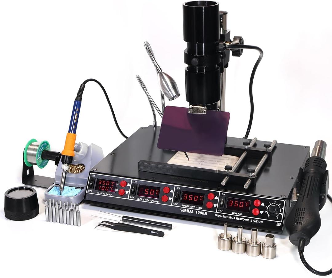 YIHUA 1000B- 4 in 1 Station - IR Infrared BGA, Preheater, Soldering Station and Hot Air Rework Station, plus a Temp Sensor, C/F display, PCBs Holder, LED Lamp and more.