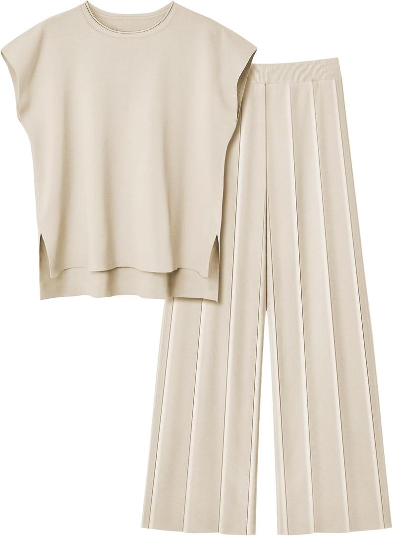 LILLUSORY 2 Piece Sets for Women Summer Vacation 2025 Lounge Outfits Matching Two Pcs Spring Knit Tracksuits Sweat Suits (Small, Beige)
