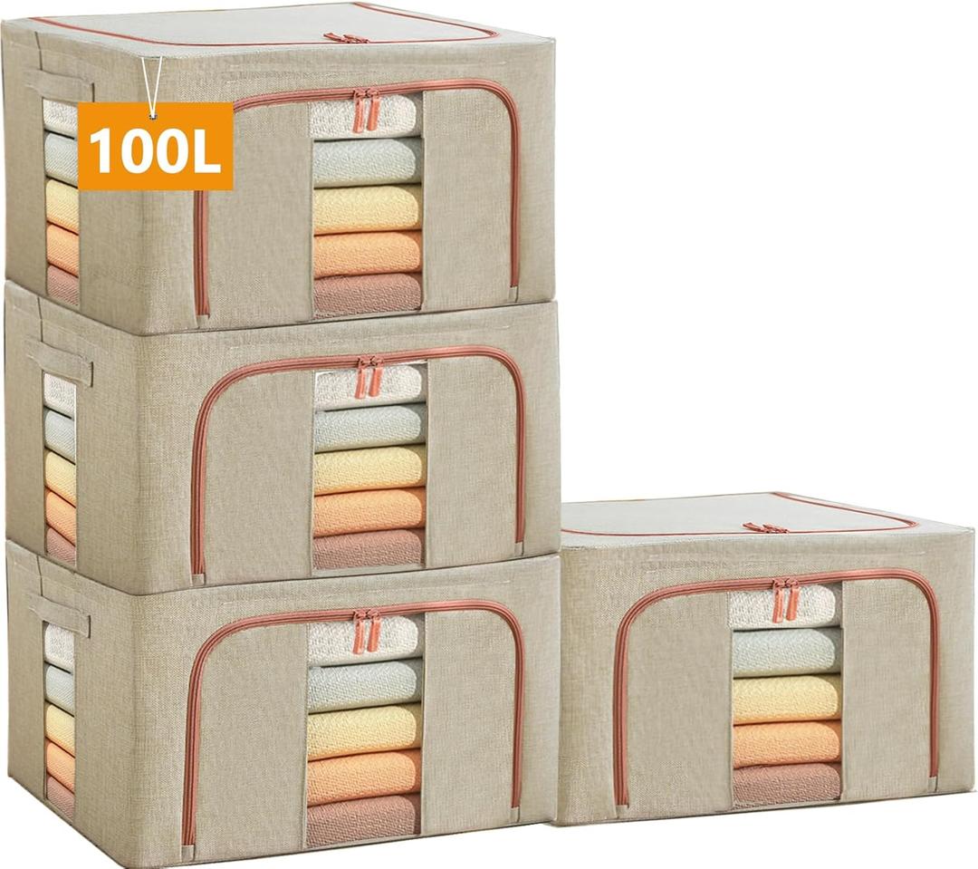 Large Storage Bags,Stackable Clothes Storage Bins with Hold Shape Metal Frame,Foldable Closet Organizer Containers with Zipper,Clear Window,Thick Fabric for Seasonal Clothing (Beige, 100L x 4 Pack) Large Storage Bags,Stackable Clothes Storage Bins with Hold Shape Metal Frame,Foldable Closet Organizer Containers with Zipper,Clear Window,Thick Fabric for Seasonal Clothing (Beige, 100L x 4 Pack)
