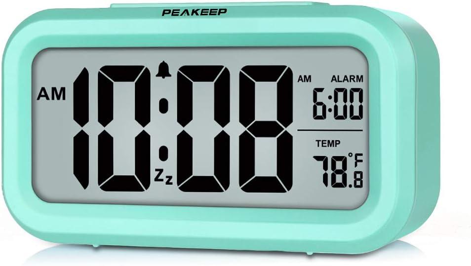 Peakeep Night Light Digital Alarm Clock Battery Operated with Indoor Temperature, Desk Small Clock (Mint)