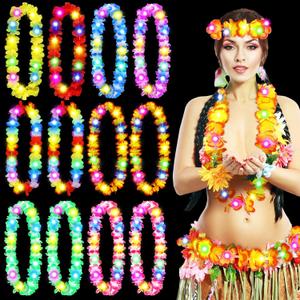 Giegxin 12 Pcs LED Hawaiian Lei Light up Flower Lei Tropical Glow Necklaces Lighted Lei Artificial Rainbow Lei for Kid Adult Hawaii Luau Themed Party Carnival Beach Wedding Masquerade (Assorted Color)
