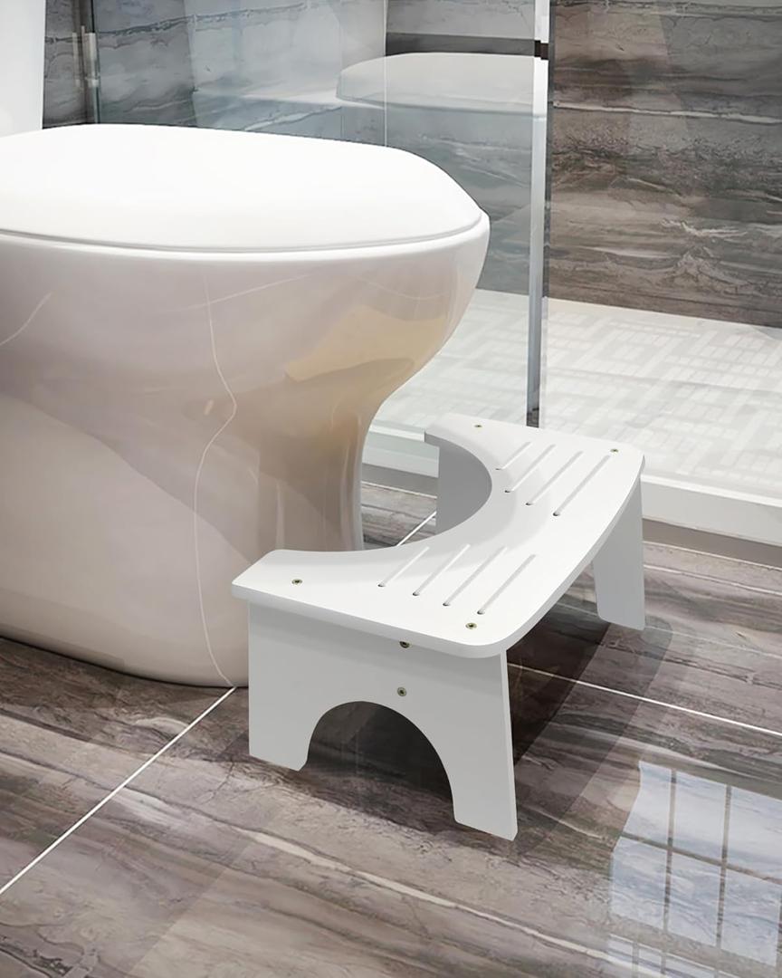 Bamboo Toilet Stool, 7" Toilet Stool Squat Adults Kids, Portable Simple Curve Squat Toilet Potty Stool, Non-Slip Poop Stool for Bathroom, Improve Squatting Posture and Comfort (White)