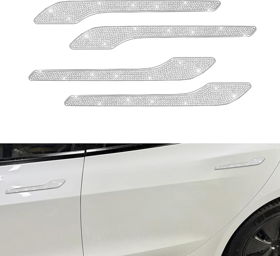 Model 3 Y Carbon Brazed Door Handle Sticker 4-piece Set, Door Handle Decorative Accessory, Suitable for Tesla Model 3 and Model Y (Silver Bling)