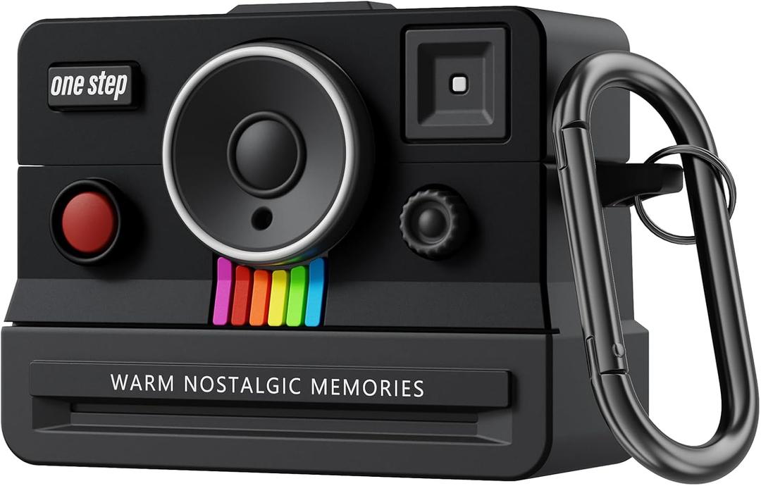 QINGQING Compatible with AirPods Pro 3 Case,2025 Silicone Cover Retro Camera Design Case,Carabiner & Cleaning Kit Included,Shock Resistant,Full Protection for AirPods Pro 3rd Generation (Black)