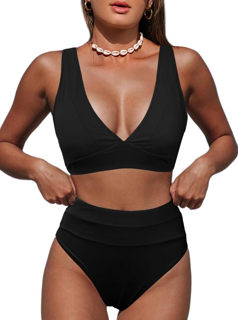 Hilinker Women's Leopard Bikini Swimsuits V Neck High Waisted 2 Piece Bathing Suits (Large, All Black)