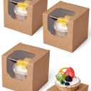 Happyhiram Cupcake Boxes 100 Pcs Bulk Brown Kraft IndividualBox, Single Containers Paper Holders with Inserts and Window for Muffins Cocoa Bombs Packaging Togo Boxes for Birthdays Showers Party Favor