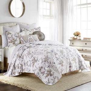 Levtex Home Pisa Reversible King/Cal King Quilt Set (106x92in) with 2 Pillow Shams (36x20in) - Floral Peacock - Grey, Taupe - 100% Cotton King Size Quilt Bedding Set - Lightweight, Soft, Pre-Washed
