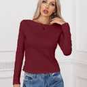 Dwnval Womens Cute Boat Neck Long Sleeve Crop Tops Soft Ribbed Knited Cropped Tees (S)