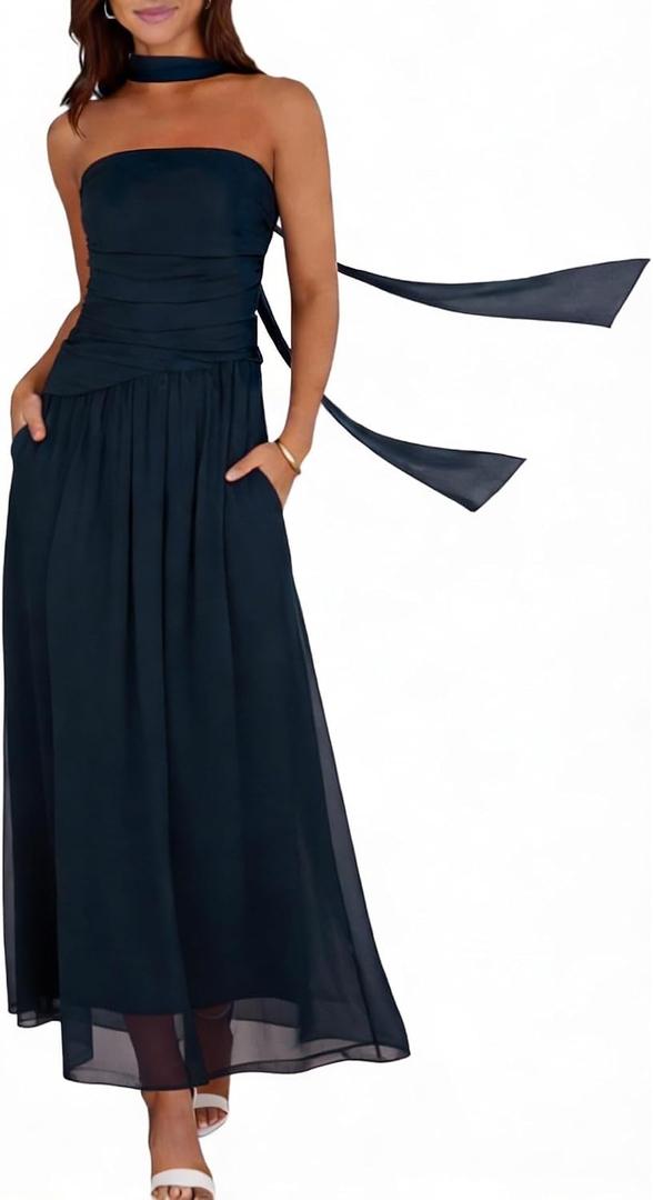 Summer Maxi Dresses for Women 2026 Strapless Ruched Tube Dress with Scarf Beach Vacation Spring Wedding Guest Dress Pockets (Blue, XL)
