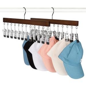 TOPIA HANGER Hat Organizer, Wooden Hangers with 12 Metal Clips and Black Hook, 2 Packs Hold Up to 24 Baseball Caps, Hangers Space Saving, Closet Organizer for Leggings, Skirts, Tank Tops, Ties-CT39A