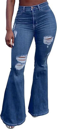Fashion Nova Women's Ripped Jeans Bell Bottom Flare Jeans Mid Rise Destroyed Hem Denim Pants L