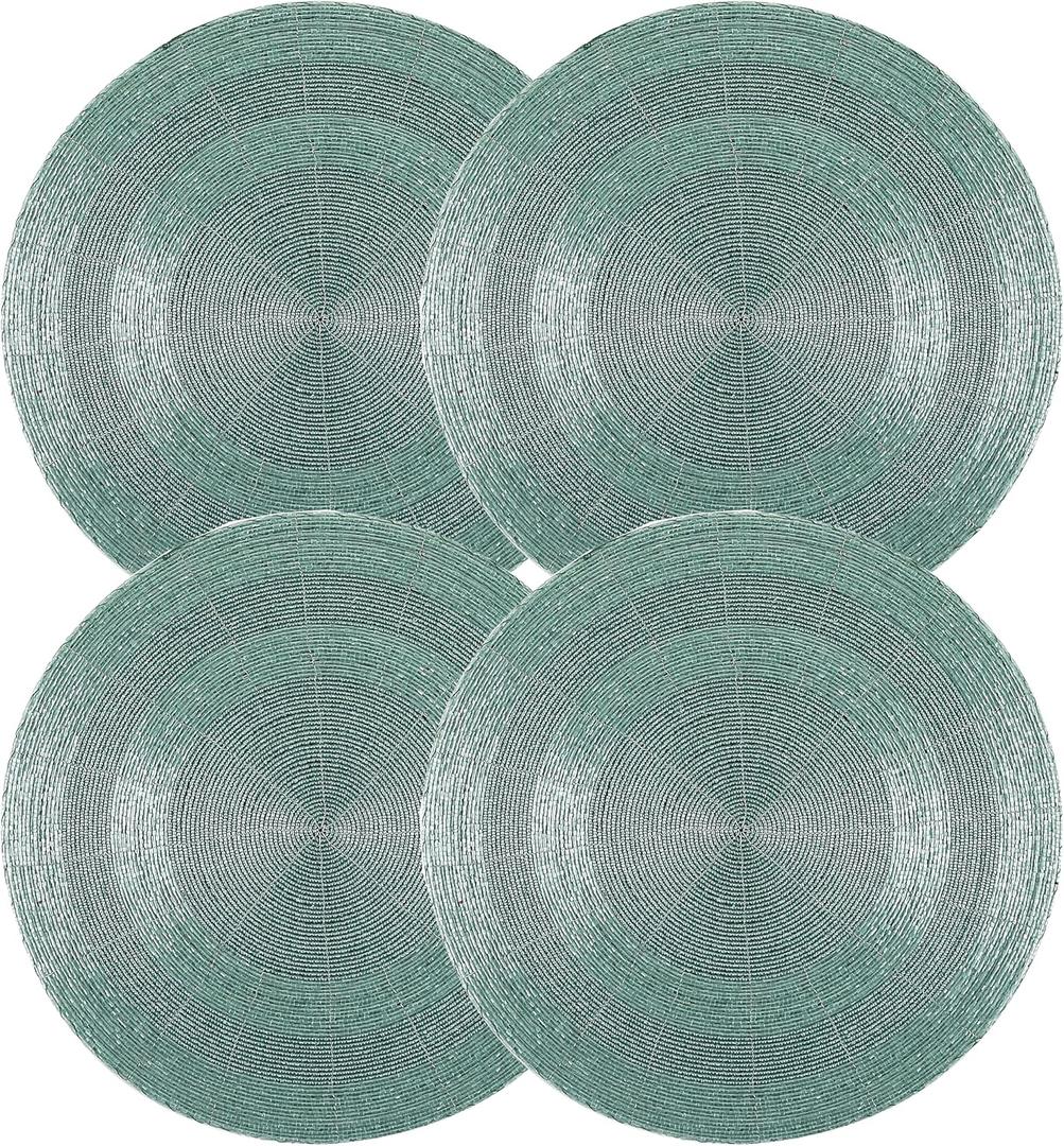 13 Inch Beaded Placematss Round Table Mats for Dining - Decorative Glass Beads with Cotton Backing – Elegant Woven Charger for Wedding, Dinner, Party, Holiday Table Décor (Aqua) - ALPHA Living HOME