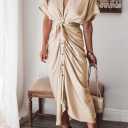 Women Elegant Satin Button Down Short Sleeve Maxi Shirt Dress with Belt (Beige)