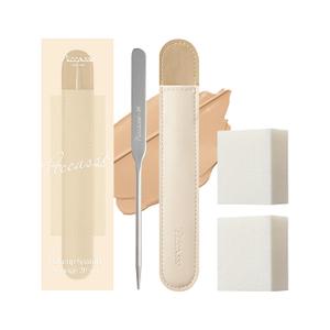 Piccasso Professional Makeup Spatula Sponge 2 Set - Stainless Steel Foundation Spatula for Thin & Seamless Base - K-Beauty Korean Tool for Flawless Finish - Includes Leather Case