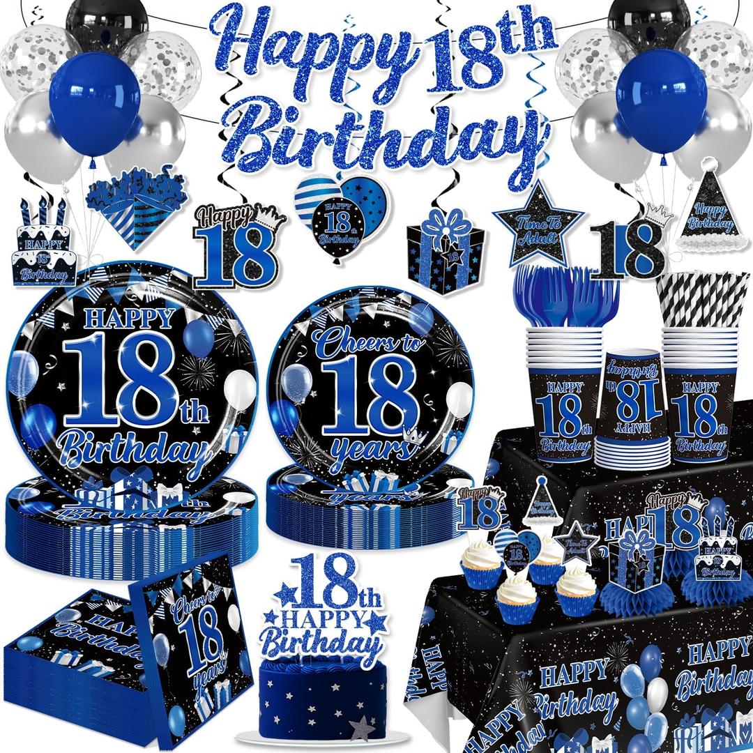 205 Pcs 18th Birthday Decorations for Boys, Blue and Black Birthday Decorations Set Serves 25 Guests, Including Balloons, Banner, Cake Toppers, Plates and Napkins, Tablecloth for Happy 18th Birthday