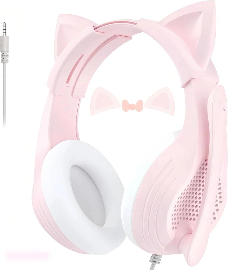Pink Gaming Headset with Mic, Cat Ears, Stereo Surround Sound Wired Over Ear Headphones with Microphone, Soft Ear Pads, Noise Cancelling for Girls, Teens, Women