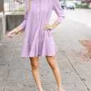 YEXPINE Women's Tunic Mini Shirt Dress Cotton Linen Long Sleeve Button Up Ruffle Hem Loose Casual Summer Pockets Shift Dress (Purple, XS)