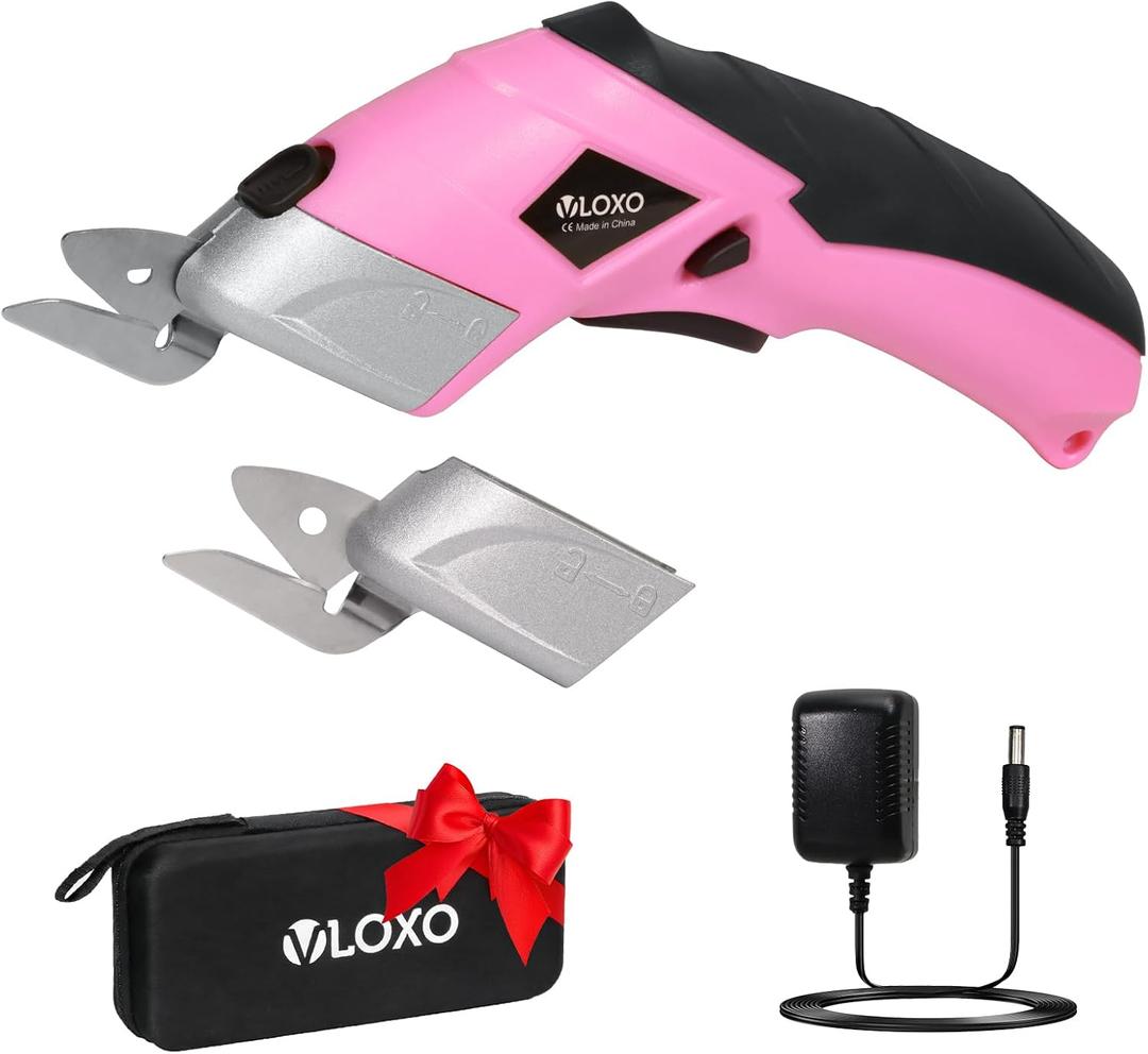 VLOXO Cordless Electric Scissors Cardboard Cutter with 2 Type Blades Rechargeable Powerful Shears Cutting Tool for Fabric Electric Box Cutter Leather Felt with Charger & Storage Box-Pink
