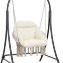 ANOW Macrame Hammock Chair with Stand, Heavy Duty Hanging Chair Stand with Swing Chair, Includes Luxury Padded Cushion, Max 400 Lbs, Natural