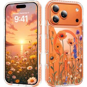 BENTOBEN for iPhone 17 Pro Max Case [Compatible with MagSafe] Soft Shockproof Clear Case Floral Transparent Magnetic Women Phone Case for 17 Pro Max 6.9",Floratopia/Orange