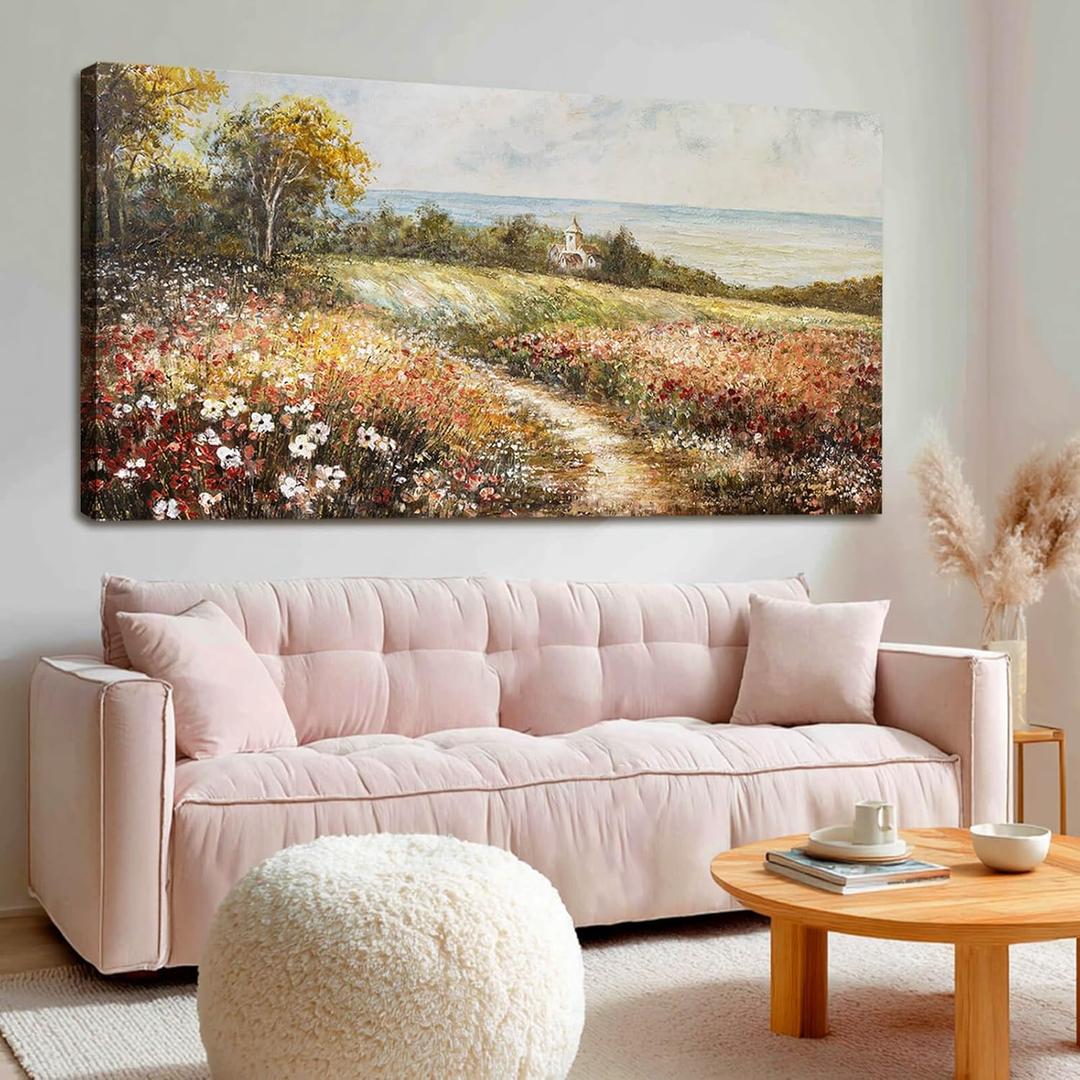 YETHEN WAL Floral Wildflower Meadow Wall Art Countryside Cottage Landscape Canvas Print, Rustic Farmhouse Coastal Dcor for Hallway Living Room Bedroom, 2040 Inch