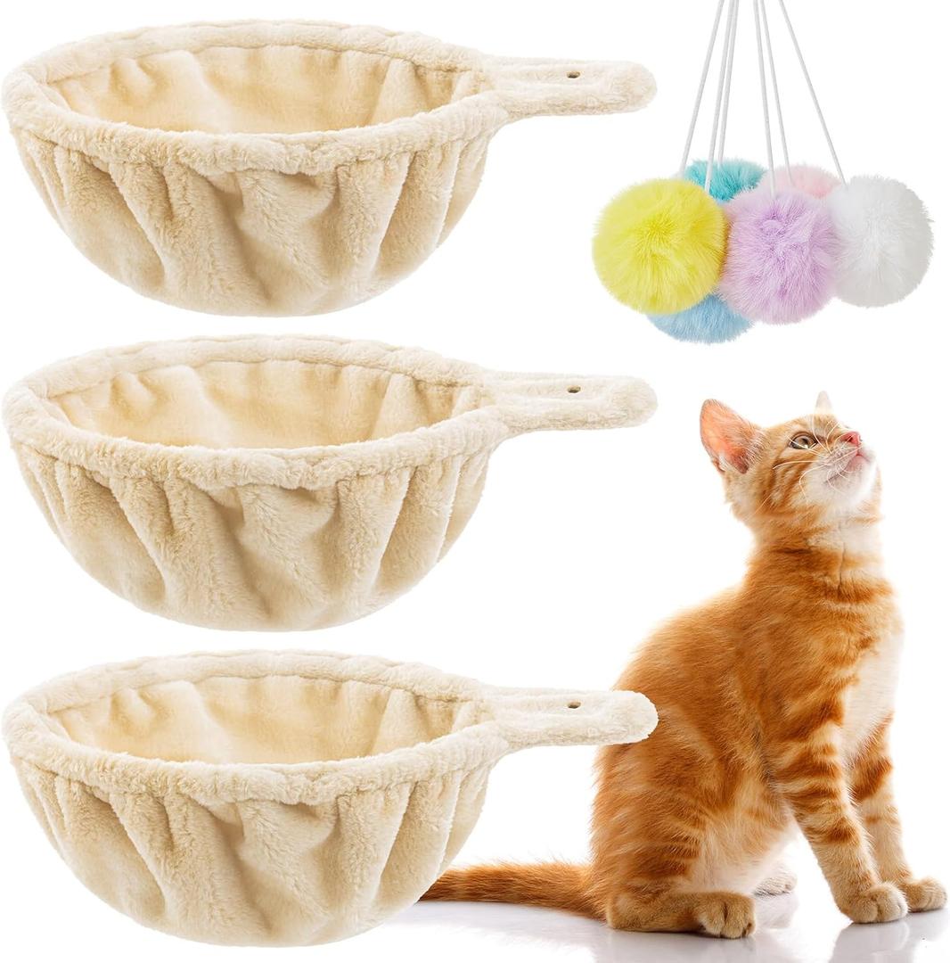 3 Pack 14.6" Large Cat Tree Hammock Basket Bed Lounger Tower Replacement Parts with 6 Pcs Hanging Elastic Strings Pom Pom Toys, Cat Tree Accessories Hammock Attachment (Beige)