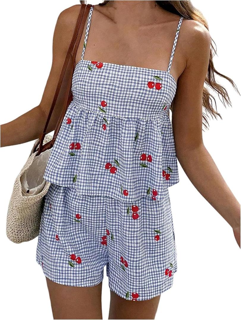 GORGLITTER Women's 2 Piece Cute Summer Outfits Gingham Cherry Tie Back Babydoll Tops Boxer Shorts Sets Blue Multicolor Large