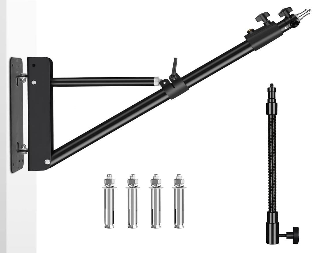 51"/130cm Adjustable Wall Mount Triangle Boom Arm with 9.8"/25cm Metal Flexible Tube Arm, Support 180 Rotation for Ring Light, Monolight, Softbox, Strobe Light, LED Video Light