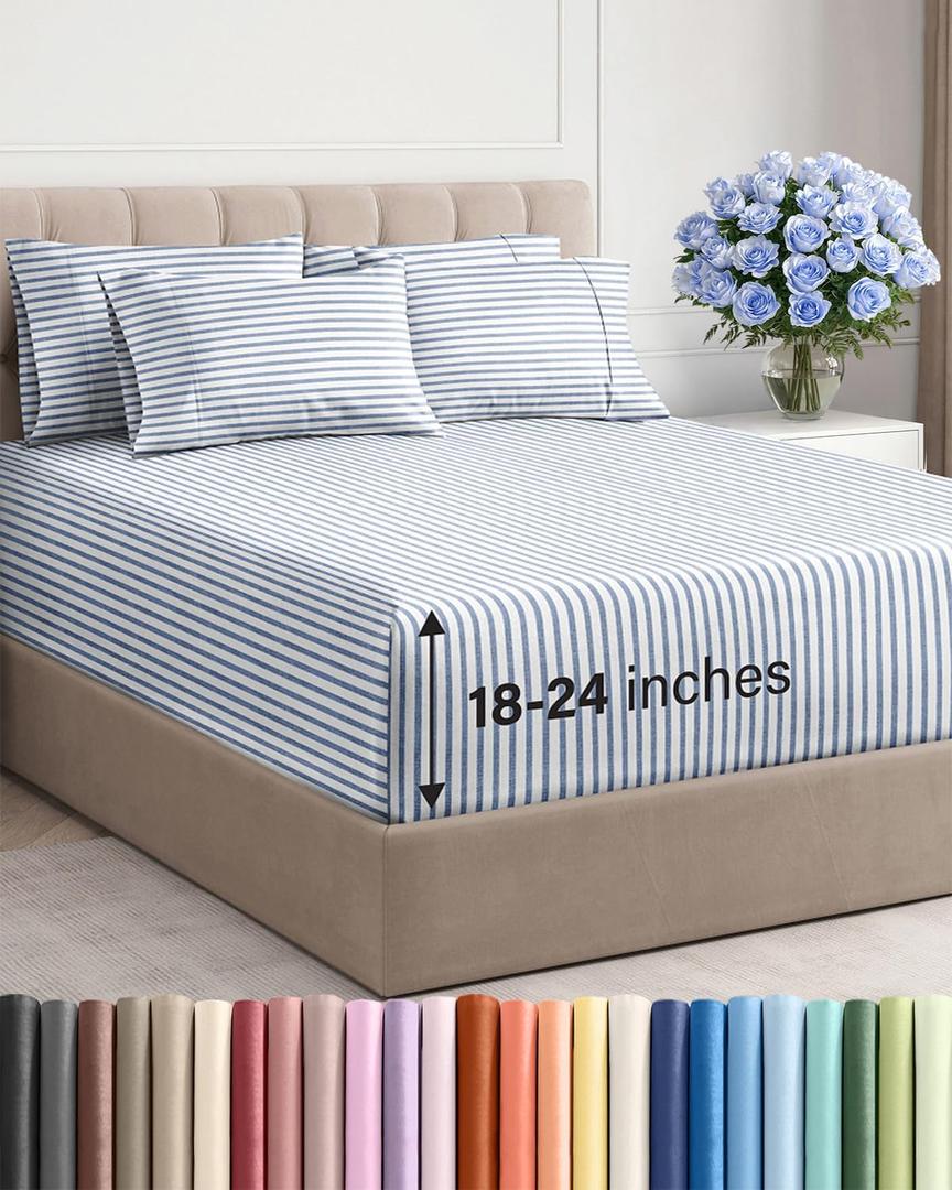 Extra Deep Queen Sheet Set - 6 Piece Breathable and Cooling Sheets - Hotel Luxury Bedding for Women, Men, Kids & Teens - Easy Secure Fit - Soft and Wrinkle Free with Extra Deep Pockets - Blue Stripes  