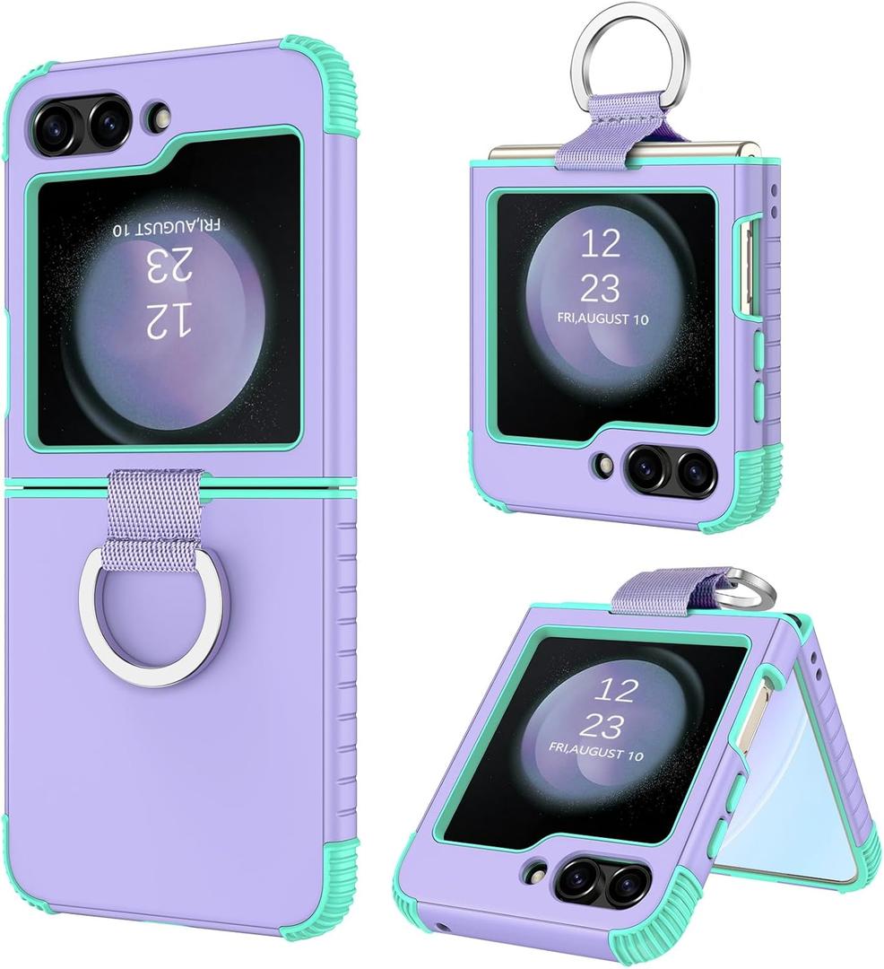 BENTOBEN Samsung Galaxy Z Flip 5 Case, Z Flip 5 5G Case, Heavy Duty 2 in 1 Full Body Rugged Shockproof Protection Cover with Ring Girls Women Boy Men Covers for Galaxy Z Flip 5 6.7”, Purple/ Mint