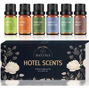 Premium Hotel Fragrance Oil Collection for Diffusers, Essential Oils for Diffusers for Home, Hotel Diffuser Fragrance Oils,Spa & Candle Making, White Tea, Citrus Luxe, Velvet Night and More - 6x10ml (0.34 Fl Oz (Pack of 6))