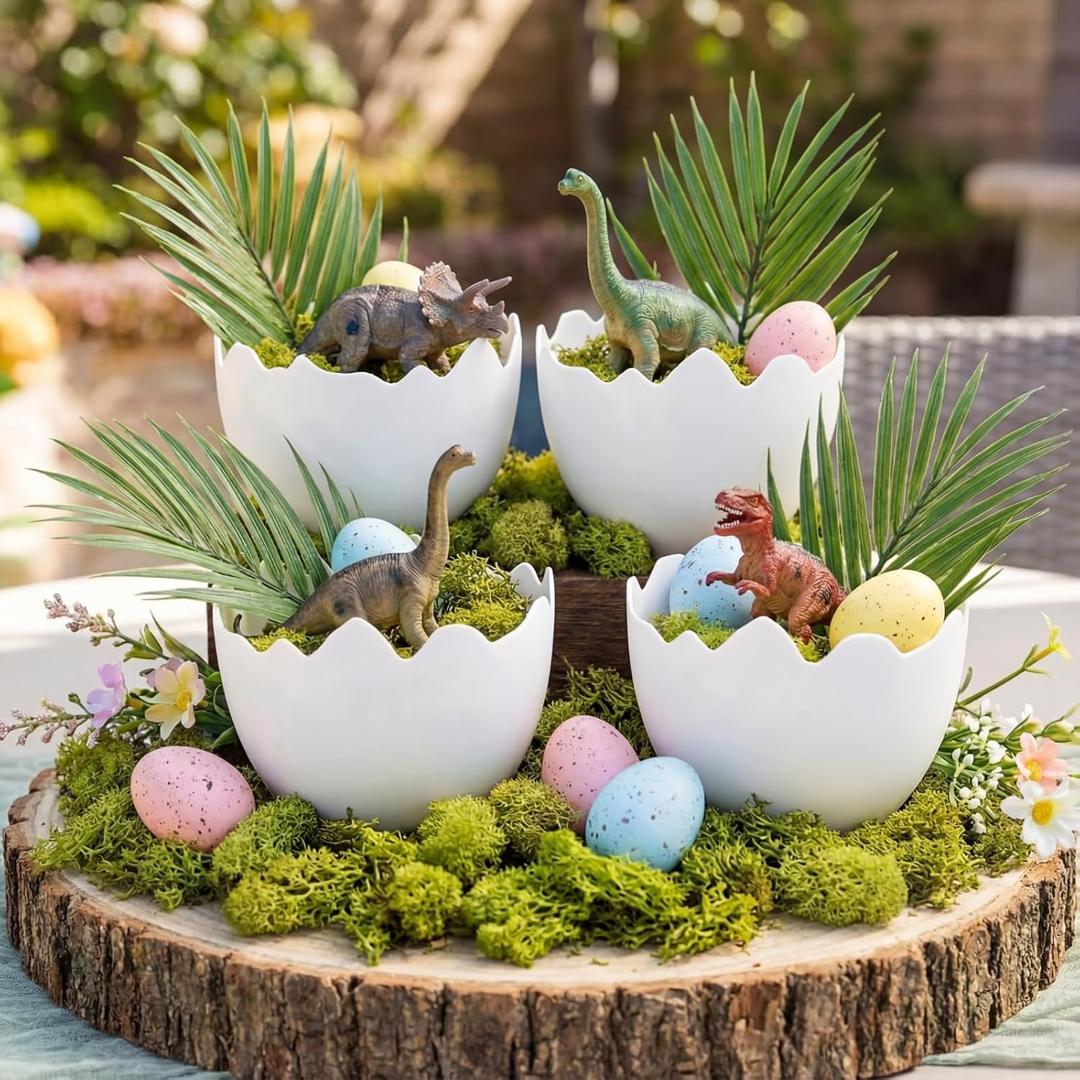 AceOrbit 4 Pcs Dinosaur Themed Party Decorations Easter Table Centerpiece Plastic Egg Shape Vases Treat Boxes Snack Trays for Adult Dinosaur Birthday Themed Party Supplies