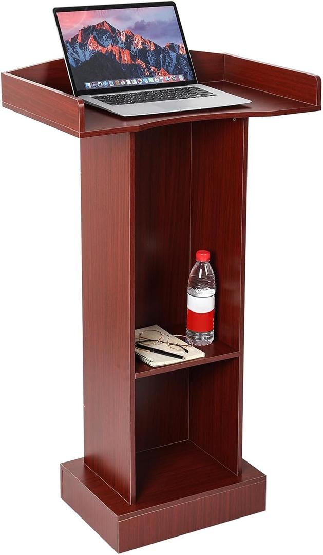Wooden Podium Lectern Stand with Storage Shelves, Presentation Pulpit for Church Classroom (Reddish Brown)