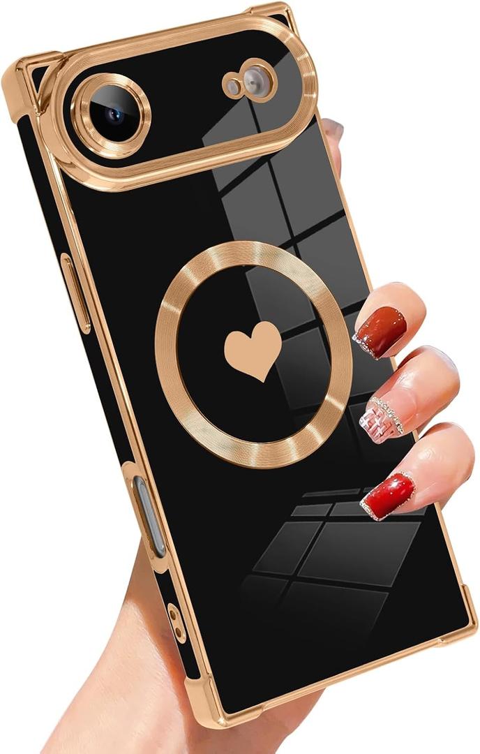 SAKUULO Case for iPhone Air Cute Plating Case[Compatible with Magsafe] for Women Girls Electroplated Heart Soft TPU Shockproof Camera Protection Bumper Cover for iPhone Air 6.5",Black