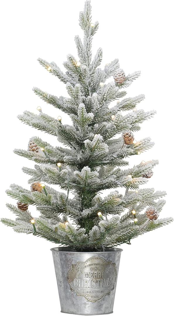 Puleo International Pre-Lit 2' Flocked Table Top Artificial Christmas Tree with 35 Lights in Metal Pot, Green